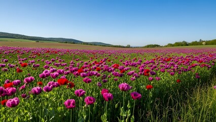 Vibrant pink and red poppy field under a clear blue sky