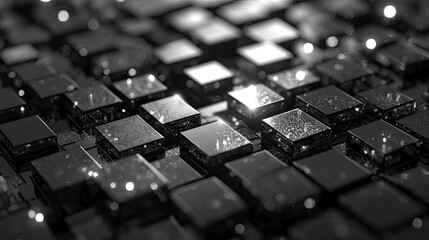 Abstract black squares on a dark surface creating a futuristic pattern with sparkling reflections and glowing bokeh, representing digital information processing and computing technology