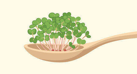 Fresh microgreens piled on a wooden spoon ready to brighten soups salads and sandwiches with vibrant greens and crisp tender stems in a simple kitchen scene.