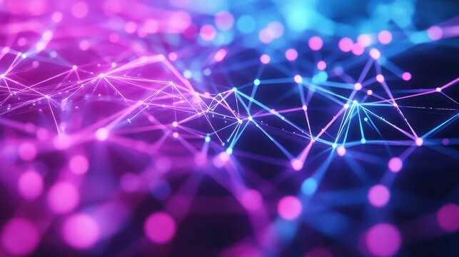 Abstract network surface forming a futuristic data connecting system, visualizing digital technology, ai, blockchain, and global communication with glowing neon magenta and blue colors - Powered by Adobe