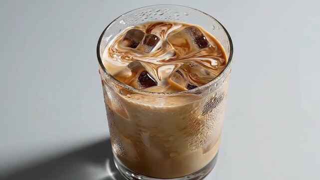 Pouring dark coffee into a glass filled with ice and milk, creating a marbled effect, in slow motion.