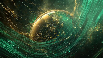 Digital earth sphere with glowing connections and continents, wrapped in dynamic green data streams and golden particles illustrating global connectivity, big data flow and tech innovation