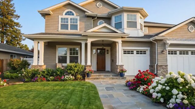 Beautiful suburban two-story house with a meticulously landscaped front yard, vibrant flower beds, and a welcoming stone path, representing modern residential comfort and appealing design