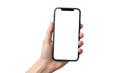 Hand holding smartphone with blank white screen mockup