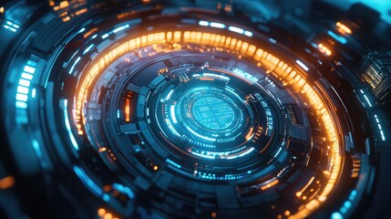 Circular digital interface displaying intricate circuits and data processing, symbolizing advanced technology, artificial intelligence, and global networks