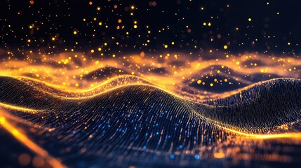 Abstract background showing a flowing wave grid of digital particles and glowing golden bokeh light creating a modern futuristic technological concept