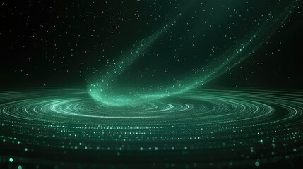 Abstract background showing bright teal particles forming concentric rings and a swirling wave, depicting data flow, cosmic energy, or digital communication