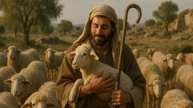 A biblical shepherd holding a small lamb in his arms surrounded by his flock. The Good Shepherd as a metaphor for Jesus Christ. Cinematic scene representing faith, care, and christianity