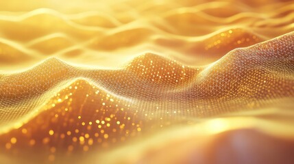 Golden abstract digital grid with glowing particles forming an undulating wave surface, illustrating interconnected data flow, networked technology, ai and futuristic information systems