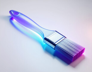 Close-up of a translucent paintbrush with blue-purple gradient handle, neat bristles and colorful reflections on a clean background, modern artistic tool.
