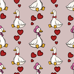 Seamless vector pattern of cute cartoon geese and red hearts on a pastel pink background.