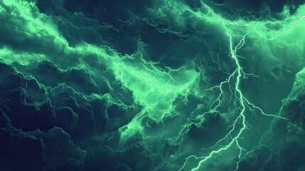 Violent green lightning bolts illuminate a tumultuous dark storm cloudscape, creating an energetic and dramatic abstract background for concepts of power, danger, and meteorology