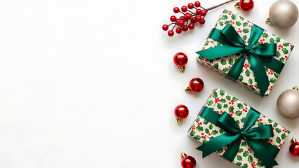 Elegant christmas gift boxes with holly pattern and festive decorations on white background
