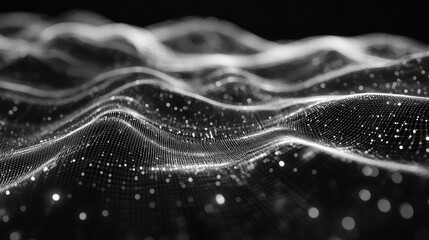 Abstract background presenting a network grid moving in a wave pattern, featuring glowing particles representing data transmission and interconnected technology