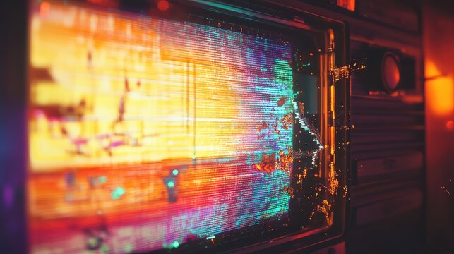 Old television screen experiencing a digital breakdown with vibrant pixel data fragmenting, symbolizing concepts of data corruption, technology errors, and abstract information - Powered by Adobe