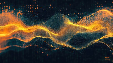 Abstract network displaying flowing data particles, forming dynamic lines and glowing waves, representing big data visualization in technology and science