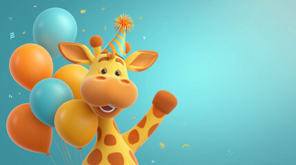 Happy giraffe holding bright, colorful balloons in a simple space