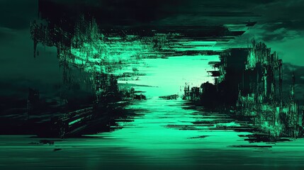 Abstract artwork depicting a vibrant aqua data stream flowing through a dark, glitched digital cityscape, symbolizing virtual reality and advanced technology