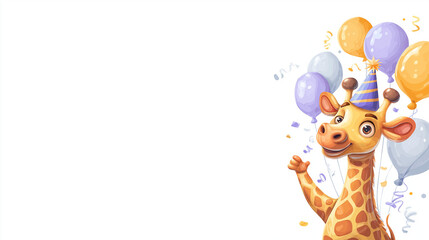 Playful giraffe holding colorful balloons on clean, minimal background white