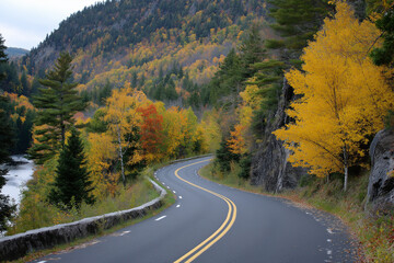 Fototapeta premium A captivating autumn road, adorned with colorful foliage, elegantly curves alongside a tranquil water edge, representing the scenic beauty of seasonal change and exploration.