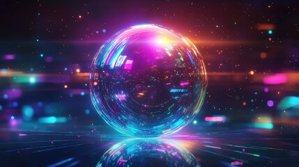 Abstract technology orb illuminating a dark, sparkling environment with vibrant neon light trails, representing concepts of virtual reality, global networking, and digital innovation