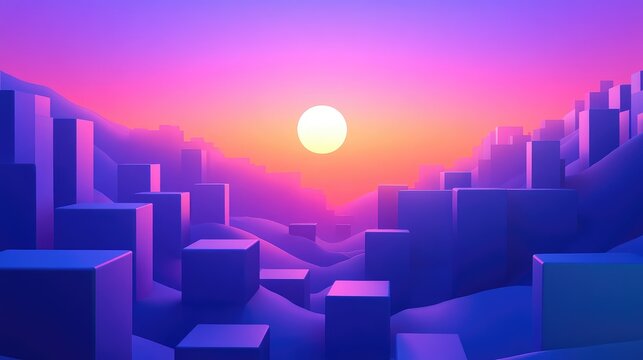 Abstract 3d rendering showing a futuristic city or data landscape with illuminated cubic forms and undulating valleys under a glowing sun and colorful gradient sky - Powered by Adobe