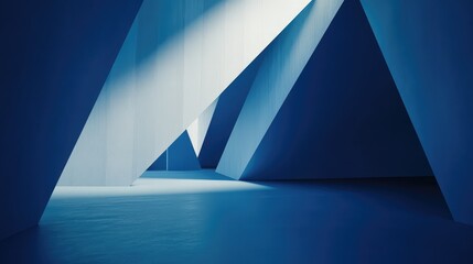 Blue geometric shapes and sharp angles create a minimalist architectural scene, contrasting light and shadow to highlight depth, movement, and futuristic empty interior space