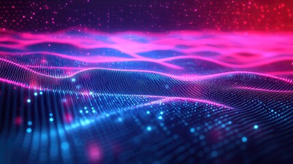 Digital wave pattern showcasing interconnected data points and particles, representing technology, big data, and a futuristic network concept with vibrant blue and pink lights