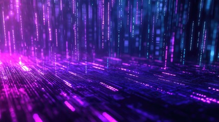Abstract digital data streams in vibrant purple and blue colors creating a futuristic network background, representing information transfer, big data processing, and technology concepts