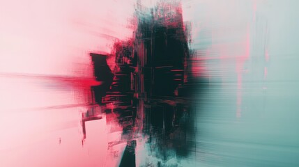 Glitchy digital structure with distorted networks and vibrant red, blue and teal streaks, evoking data corruption, technological breakdown and interconnected information streams