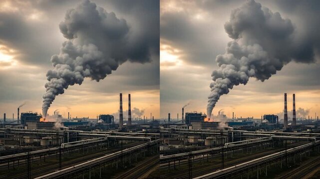 Industrial landscape with smokestacks emitting smoke