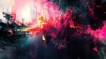 Abstract digital pixels creating a vibrant glitching pattern, disrupting a visual data stream with an intricate array of fragmented geometric shapes and colorful light