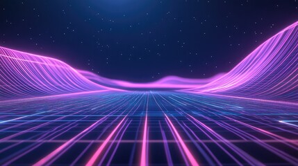 Abstract glowing grid and network lines forming a futuristic digital landscape under a starry sky, representing data, technology, metaverse, and virtual reality concepts
