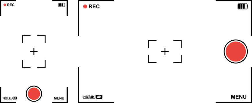 Minimal camera recording interface overlay featuring viewfinder frames, REC indicators, battery icons, and format labels suitable for video editing, streaming, and digital media design.