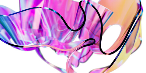 Elegant translucent iridescent glass curve sheets on transparent background, creating dynamic abstract composition. colorful gradient wave design element 3d rendering for innovative futuristic concept