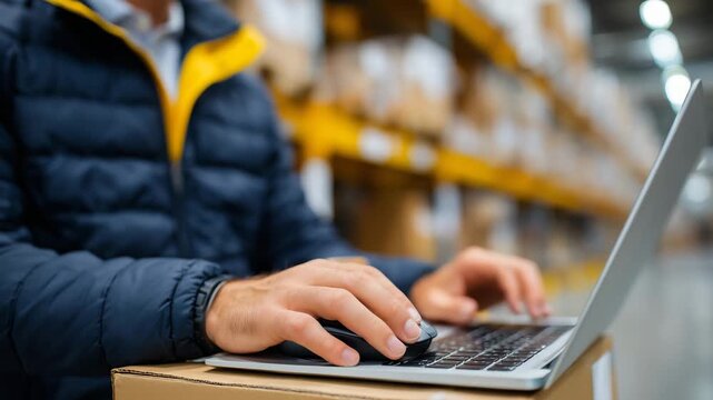 252Close-up of a postal warehouse employee checking delivery customer satisfaction on a laptop, focused hands using a computer mouse, rows of parcels and shelves blurred in the backgr