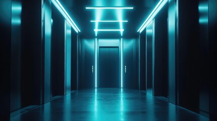 Modern architectural interior presents a long hallway leading to multiple elevator doors, illuminated by bright blue green neon light strips on the ceiling and walls, creating a high tech atmosphere