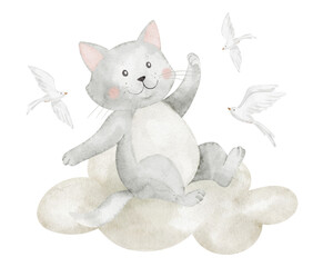 Cat watercolor illustration sitting on a cloud with flying birds. Drawing of cute animal for baby shower invitations or childish birthday invitations. Pastel art for nursery posters or kids design.
