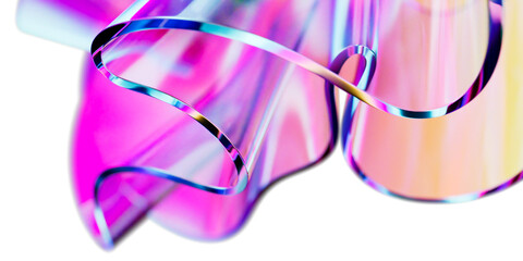 Elegant translucent iridescent glass curve sheets on transparent background, creating dynamic abstract composition. colorful gradient wave design element 3d rendering for innovative futuristic concept