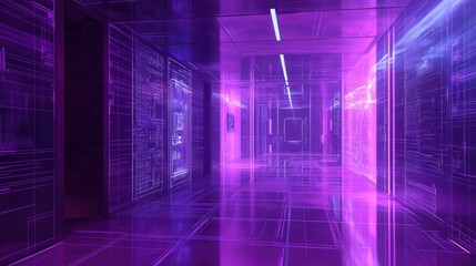 Futuristic digital corridor creating abstract technology background, showing vibrant purple and blue light reflecting on grid lines and data processing on translucent panels