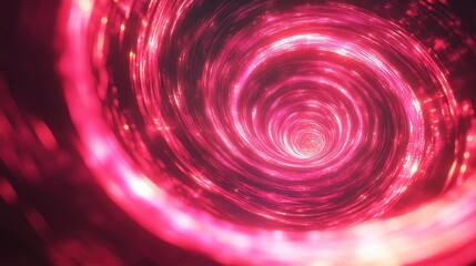 Abstract red and pink glowing light forms an intricate spiraling vortex, symbolizing concepts of speed, energy, futuristic technology, and digital data flowing through a wormhole