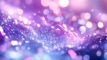 Sparkling purple liquid waves shimmer with tiny glowing particles, creating a dazzling abstract background filled with soft pink and blue bokeh lights for a vibrant and ethereal feel