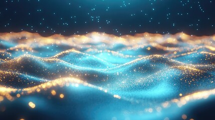 Abstract digital particles creating an undulating landscape with sparkling light points, visualizing data flow, network connections, and futuristic technology patterns