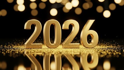 Golden 2026 numbers on reflective surface with bokeh lights background new year digits