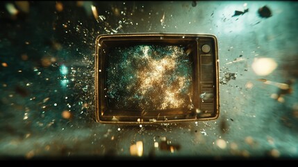 Vintage tv set displaying an abstract, dynamic galaxy of glowing particles, representing a concept of technological disruption, data overload, or immersive digital media experience