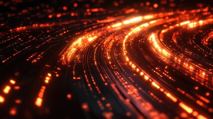 Abstract network of glowing orange lights representing high speed data transfer, processing information, and technological communication across digital infrastructure