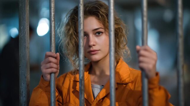 311Depressed female prisoner standing behind steel bars, hands gripping tightly, orange uniform vivid against dim cell background, cinematic focus on posture and expression