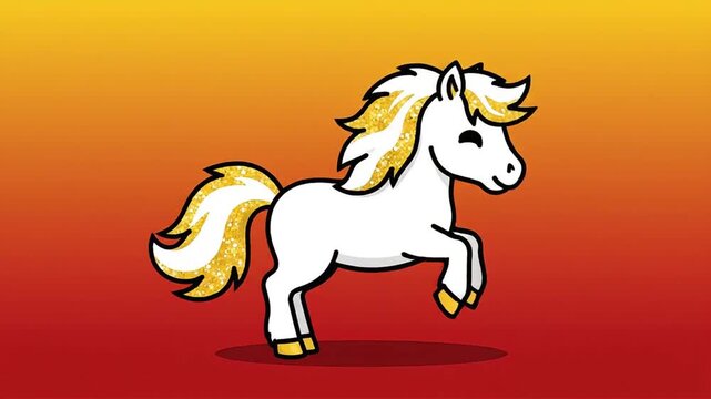 Cute animated white pony or unicorn with sparkling golden mane and tail standing against a vibrant orange and red gradient background, perfect for children's content, fantasy themes. Chinese New Year.
