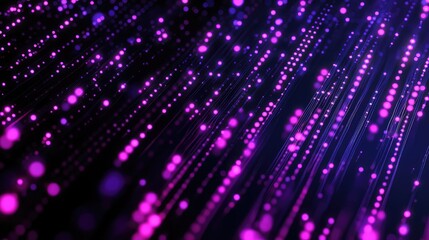 Abstract background showing bright glowing violet and purple particles forming lines, illustrating concepts of data flow, network connection, technology, and futuristic communication
