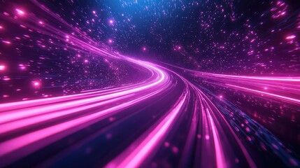 Abstract tunnel of glowing pink and blue light trails and particles racing through a dark cybernetic scene, symbolizing high speed data transmission and futuristic networks